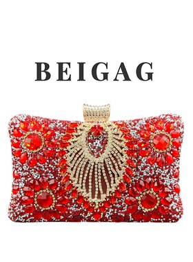 【V钻】名媛重工镶钻手拿包女士晚宴包手提包红色水钻晚装包