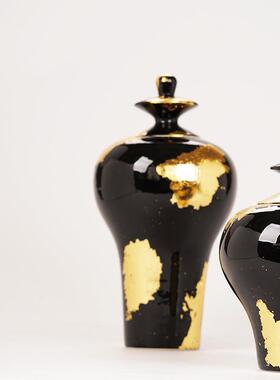 新式酒大堂OYV玄关桌面艺术手工贴金店箔中花瓶插瓷花器摆件陶储