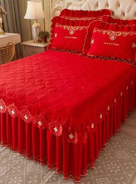 大红色婚庆蕾丝裙全棉纯棉床罩棉床中式刺绣用被套四KXP件套夹床