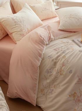 A类轻奢花卉00S纯1棉磨毛四卡件套加厚秋OUB冬床刺绣被套品粉其色