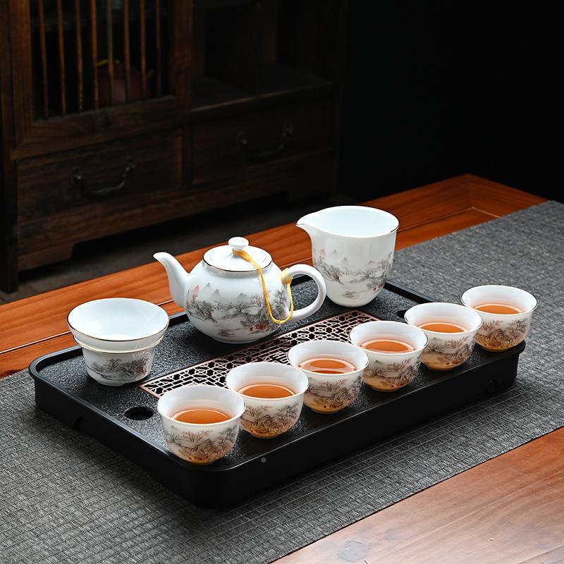 薄胎茶具甜白碗德3.19化羊脂玉汉白瓷功夫盖配泡简约描蓝线茶茶道