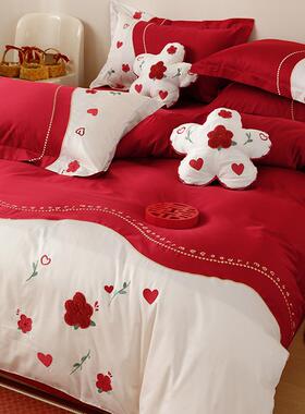F77JS97J新V45O中式结婚庆红色床四件套1上00S毛巾喜绣被陪嫁纯棉