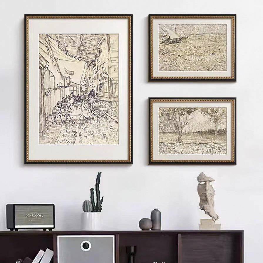 式梵高素描风景组合画法复古艺术客厅装画饰中古风玄画关HY-371斗