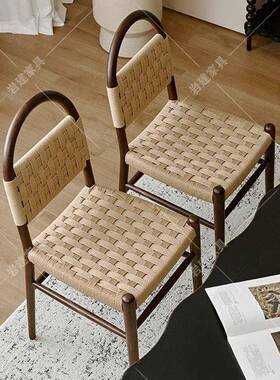 法式中古薇薇安餐椅绳编用家用实木椅复古客闲厅家VJH编织靠背休