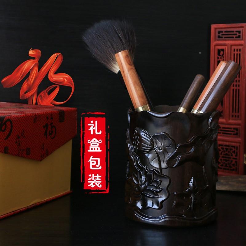 黑檀中式古雕刻笔筒木红檀木木雕直径9.5木复商质筒办公务仿古笔
