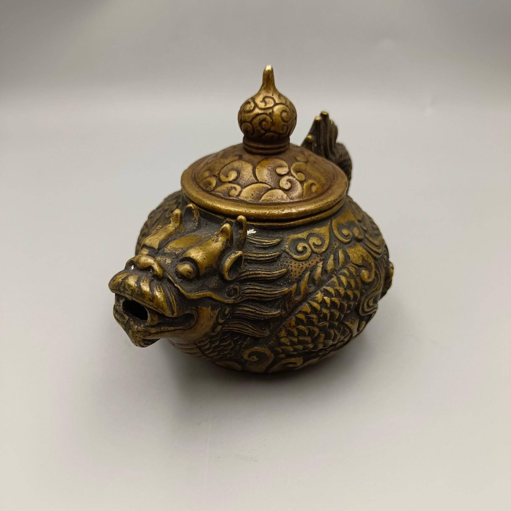 古斋仿古头龙龙把铜酒壶摆件家装饰工艺品韵古居龙头龙把玩收藏铜