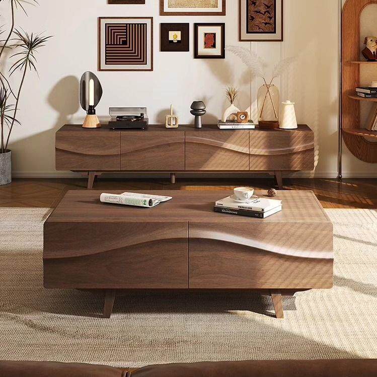 实木茶几电视柜组合客厅家用复古法式中古风胡桃色木纹实木茶桌