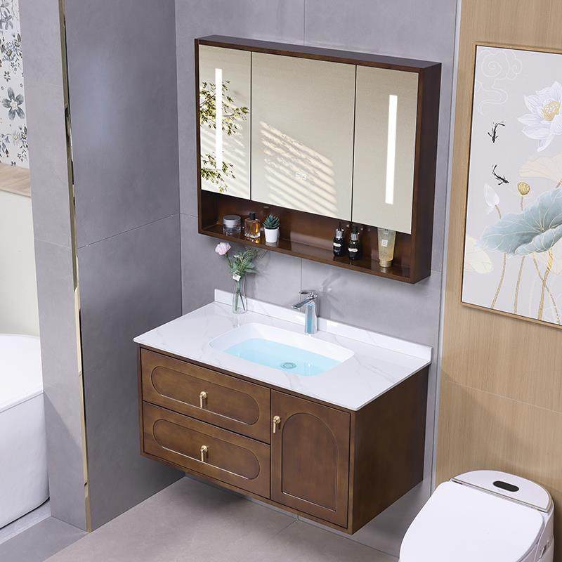 橡木简约现代智能浴室柜镜柜组合洗手台盆柜洗漱一体盆陶瓷中古风