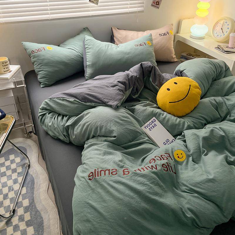 A类母婴超柔997刺绣加单厚毛磨笠床上四件套四季床宿舍被套床三件