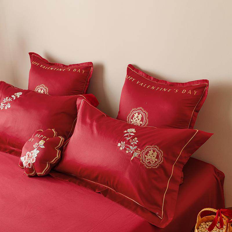 套新式轻奢刺绣花KADOU结中婚庆全四件套100S纯棉棉红陪嫁床上喜,床上用品,婚庆床品套件,淘宝优惠券,粉丝福利购,淘宝优惠卷