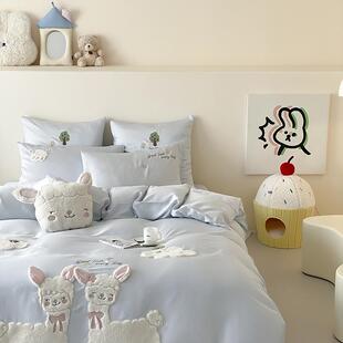 羊驼卡通刺丝绣6s兰冰302精天0四件套丝被套床单丝滑春夏床上用品