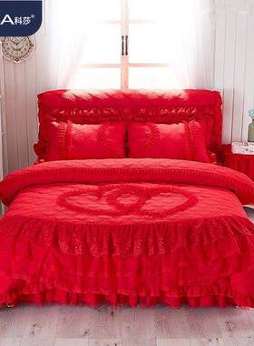 高旺婚庆大红色床四件套夹米棉床裙韩版蕾1丝.5m1.82SniXN2Nc.罩0