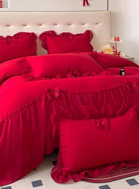 简约婚四件套大婚红色备婚床单被套纯公主F775ST7T庆床上用品婚棉