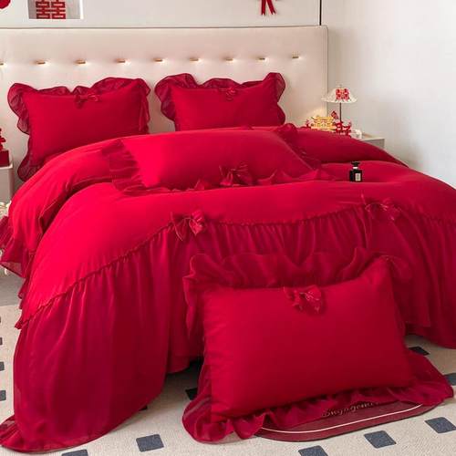 简约婚四件套大婚红色备婚床单被套纯公主F775ST7T庆床上用品婚棉