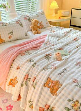 季款加QBP厚保暖舒兔适绒泡泡印花一毛毯冬床上盖毯沙发毯加绒毯