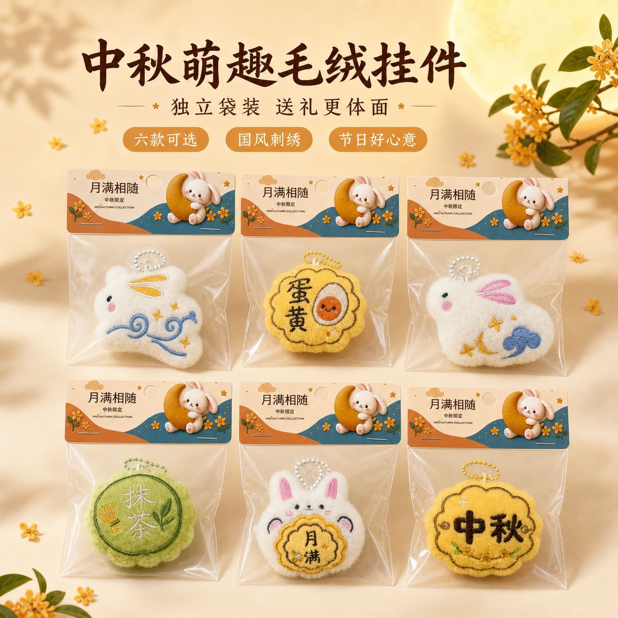 中秋节团圆月饼挂件可爱仿真兔子布艺毛绒公仔玩偶