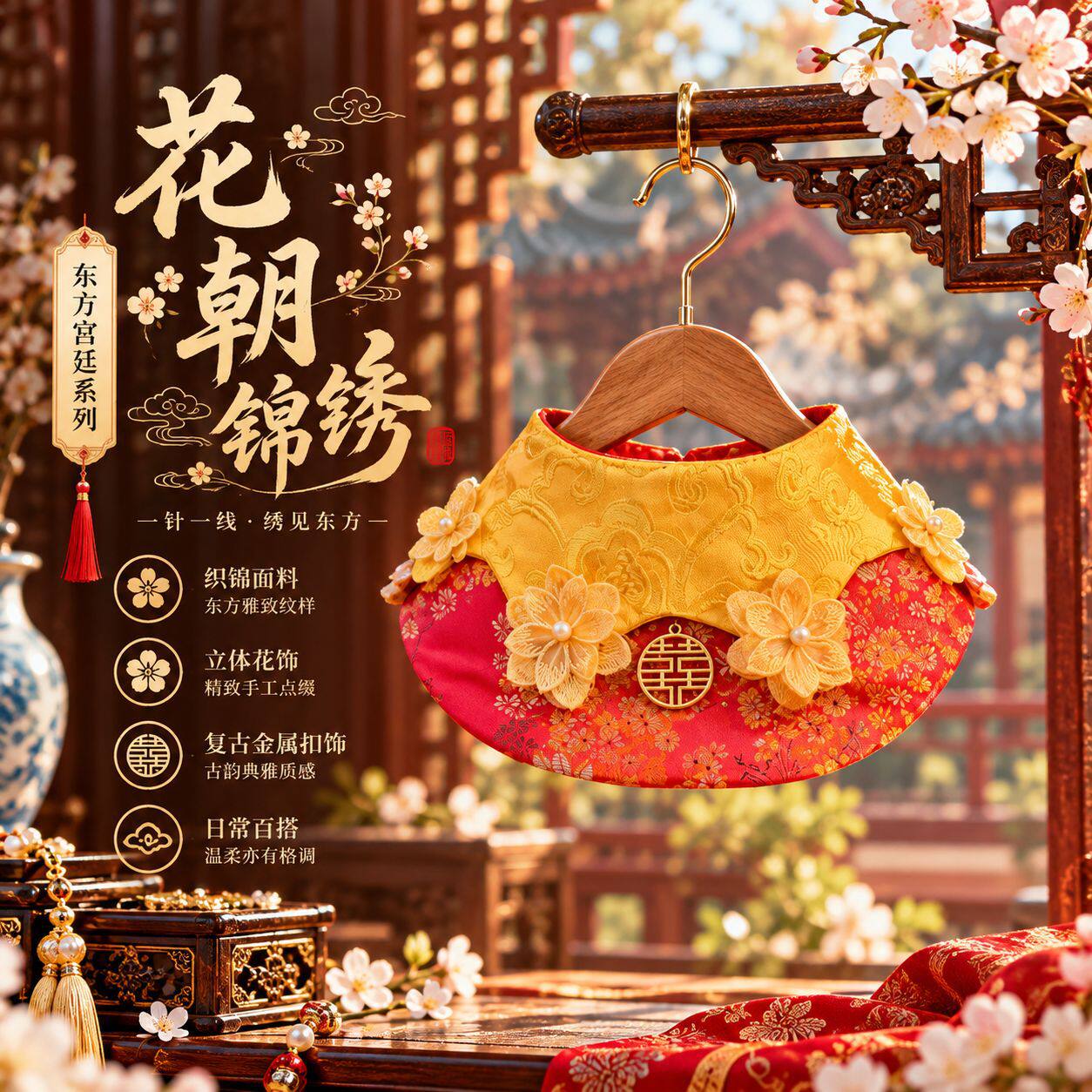 中式婚庆宠物云肩红黄撞色织锦立体花朵披肩猫狗囍字围兜配饰现货