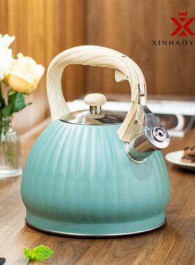 3.5L南瓜壶喷漆鸣笛烧水壶鸣音水壶北美木纹手柄绿色水