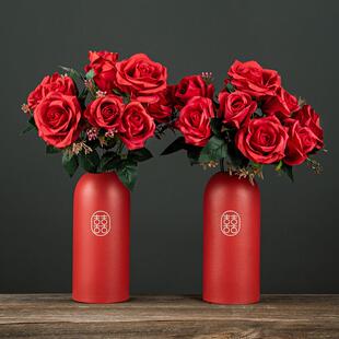 结婚花瓶摆件花一对假花玫瑰花婚房布置电视柜桌面装饰喜庆品