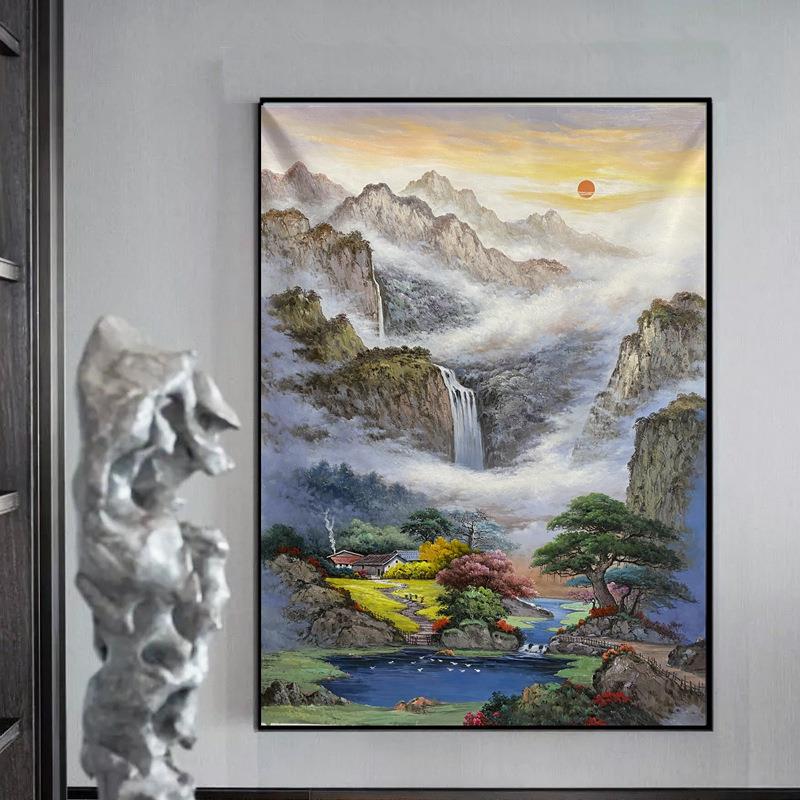 纯手绘油画风水山水画风景日出新中式聚宝盆别墅装饰壁画走廊挂画