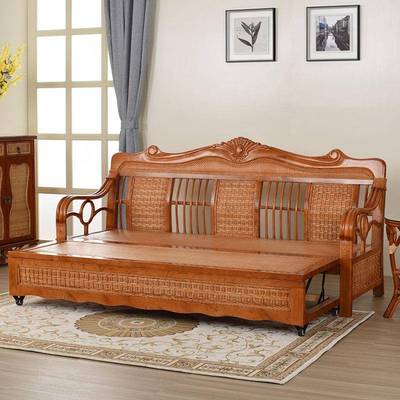 客厅藤木沙发床两用推拉折叠可伸缩藤席面含坐垫中式三人真藤家具