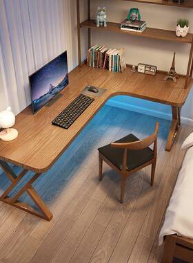 书实木转角桌书架一体小型家用现简JTV约代卧室靠墙L型式台电竞桌