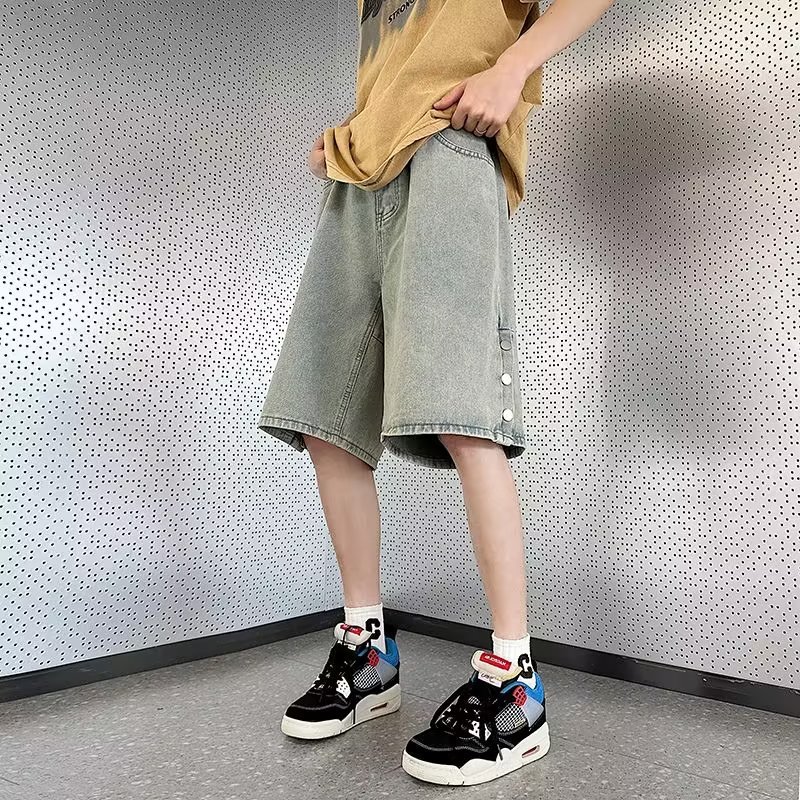 排扣开衩牛仔短裤男夏季美式高街做旧复古五分裤男士潮流大码裤子