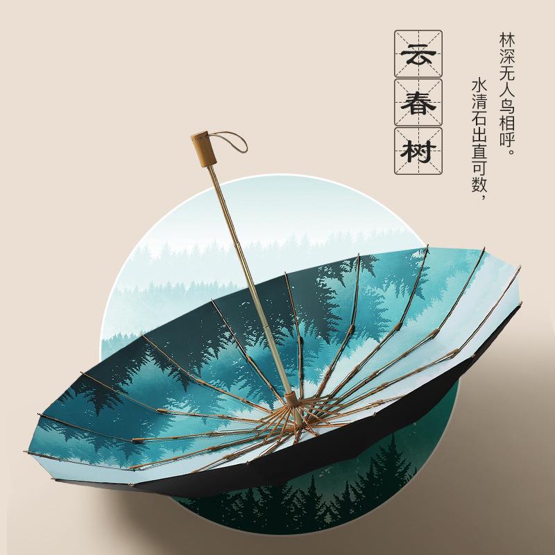 新款三折1防骨伞手开国风晴雨伞6复古实木手遮阳柄伞黑胶晒ACY太