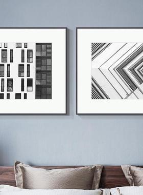 简黑白条建筑客厅QOE装饰画现代约奢餐厅轻壁画工业线风抽象组合