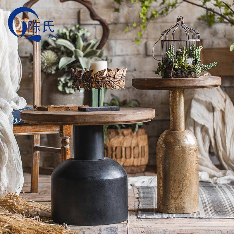 美式古沙发边复几民宿酒店43613客小厅工业风茶几阳台桌圆实木床头桌子