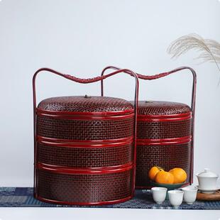 竹制品手工食竹编盒提结婚挑担事篮婚庆篮聘礼篮XTT篮多层复古竹