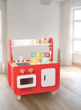 木制红色双面厨房儿童烤箱洗衣机灶台餐厨具玩具两面过家家玩法