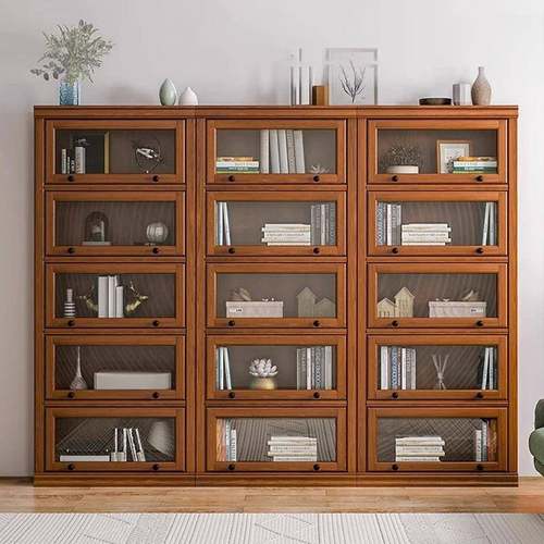 实木书柜带门防尘置物架落地书架美式客厅陈列柜展示架多层储物柜