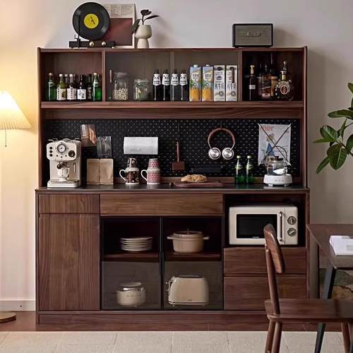 北美黑胡桃木实木餐边柜靠墙一体储物柜现代简约樱桃木满墙餐边柜