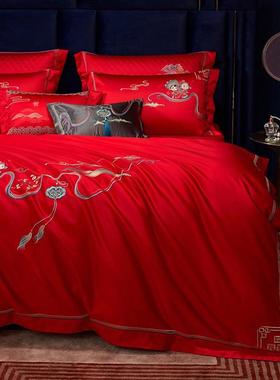 100支澳棉四件套纯棉高支高密时尚刺绣红色结婚轻奢婚庆双人套件