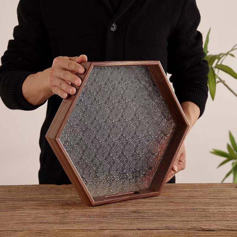 黑胡桃木海棠花玻璃托盘复古中式家用客厅茶盘高颜值易清洗玻璃盘,机械设备,其他机械设备,淘宝优惠券,粉丝福利购,淘宝优惠卷