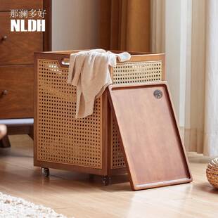 藤编脏衣篓家用带盖收纳篮高颜卫生间脏衣篮大容量带轮衣服收纳筐