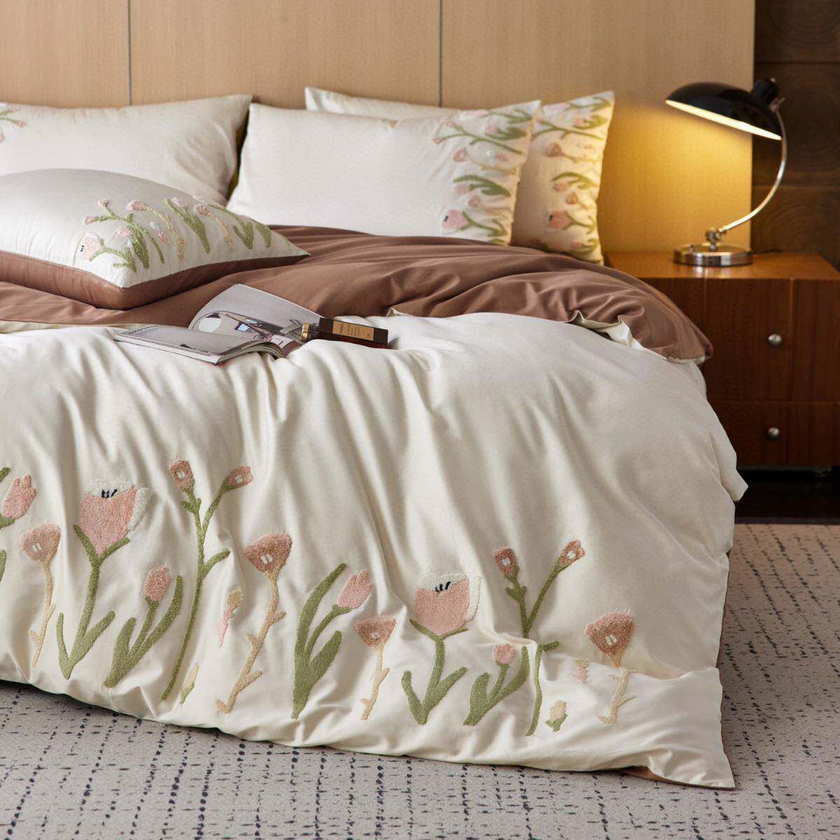 100S澳棉长绒棉郁金香毛巾绣四件套纯棉被套床上全棉双人被套床单