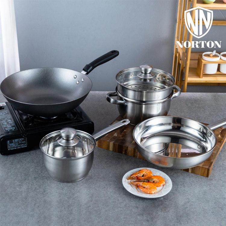 家悦乐享家庭套装家用不锈钢煎锅炒菜锅奶锅汤锅汤蒸锅套装锅具