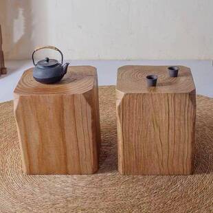 实木方形木墩矮凳诧寂风复古客厅民宿摆件树墩花架酒店木桩底座