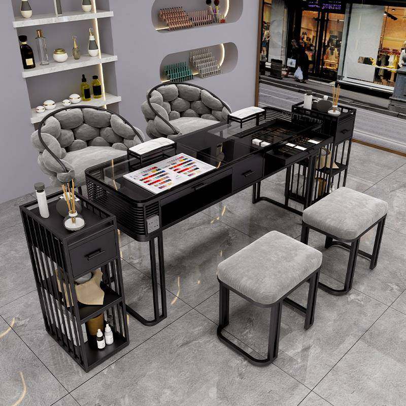 #黑色系美甲桌椅套装双层简约美甲台美甲店单双三人时尚网红修甲