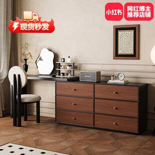 法式复古梳妆台斗柜实木黑色一体卧室化妆桌化妆柜中古轻奢高级感