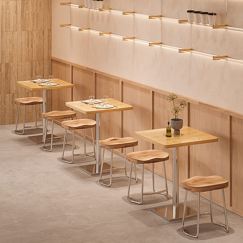 简约原木小吃店餐饮家具奶茶店烧烤店凳子汉堡店麻辣烫店桌椅组合