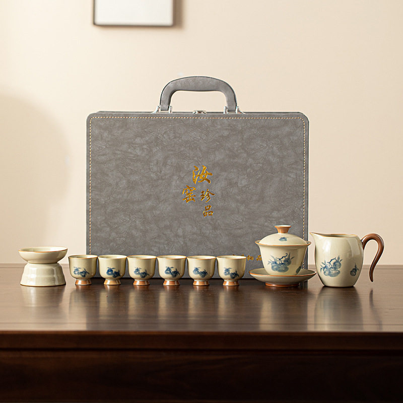泥人述汝窑手绘葫芦茶具套装家用釉下彩开片盖碗茶杯公道杯整套