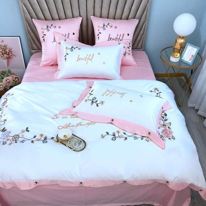 高档全棉贡缎真丝床单被罩双人床上纯棉刺绣花四件套结婚红色