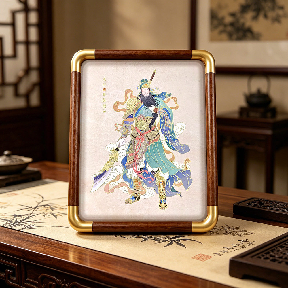 《西路财神》关公铜雕画高档实木摆台画玄关客厅中式风格画