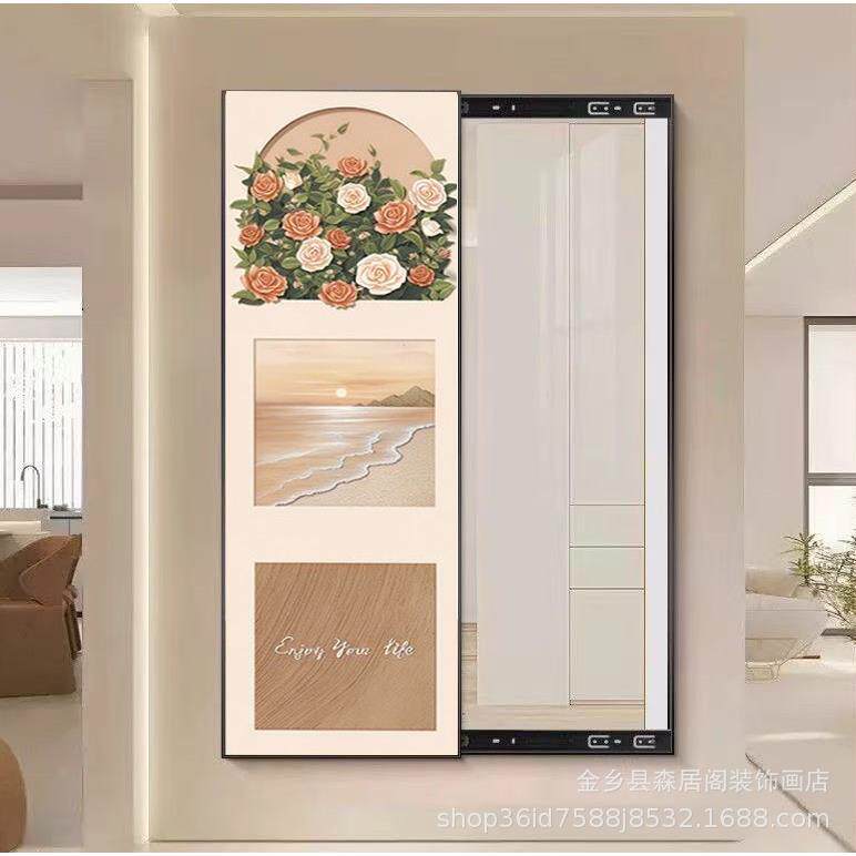 花海装饰画温柔风可关闭推拉隐藏式全身镜隐形镜一物多用画