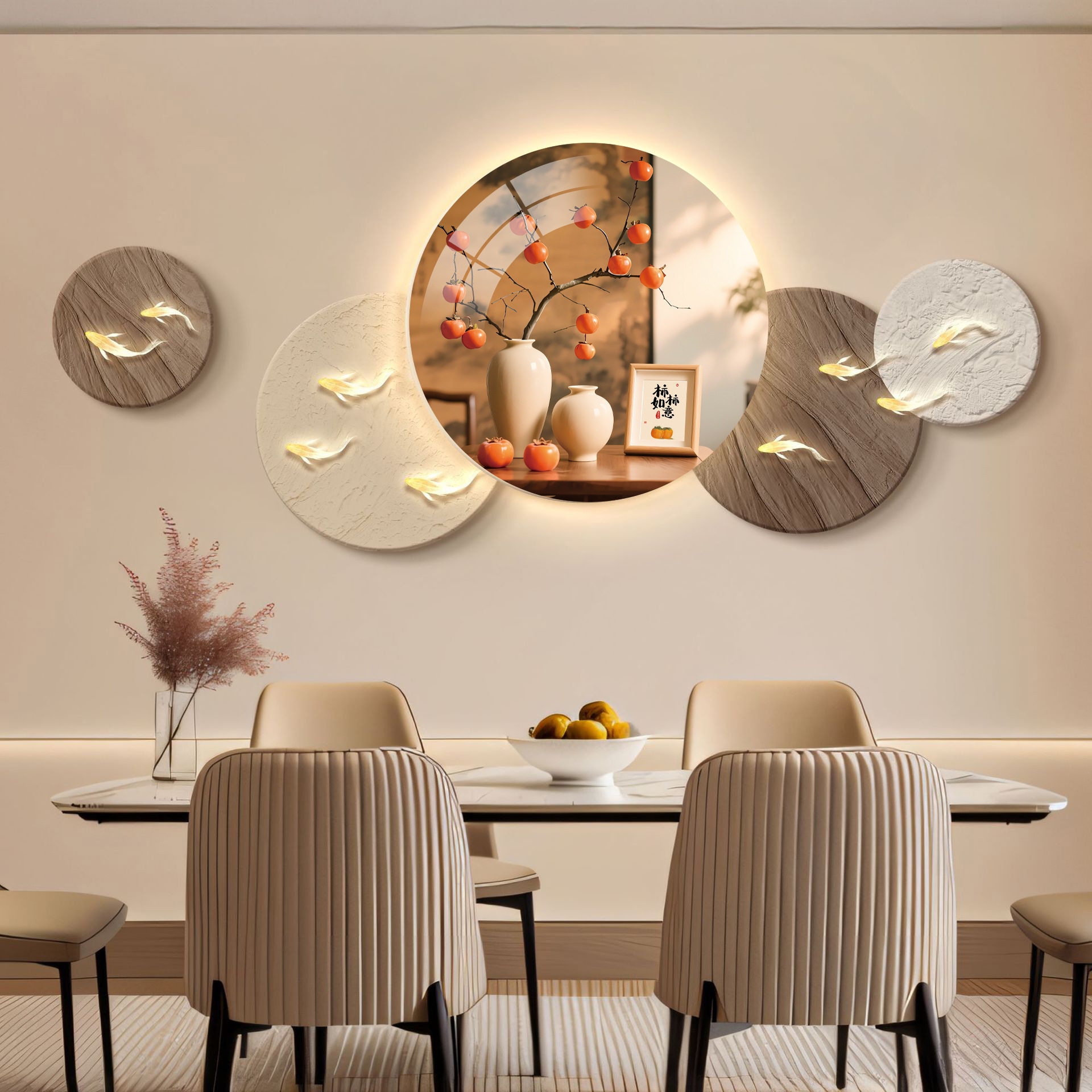 现代轻奢入户玄关装饰画寓意好餐厅装饰发光灯画大气九鱼壁画