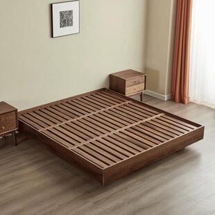 全实木黑胡桃木榻榻米床架北欧日式无床头1.8米现代简约悬浮婚床