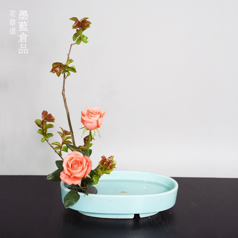 小原流插花花道课标准花器日式插花陶瓷黑色椭圆小判水仙盆水培